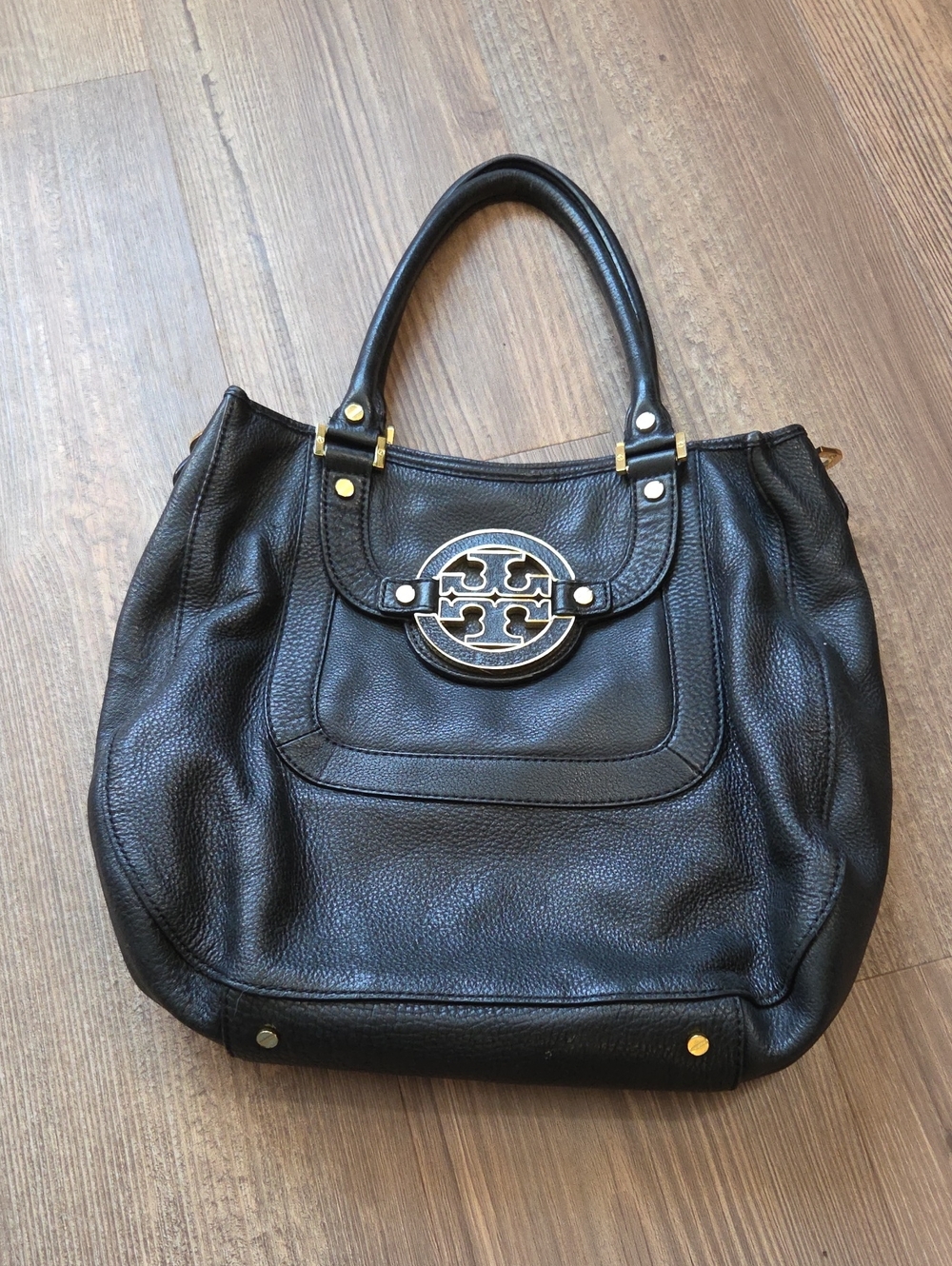 Tory Burch Black Pebbled Leather Satchel with Gold Logo